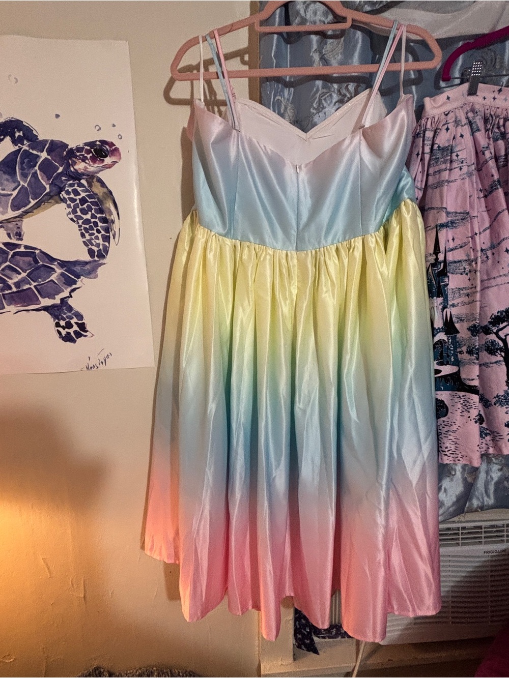 Boulevard Nights Pastel Ombre Satin Midi Dress — Pink, Blue & Yellow rainbow. - Picture 4 of 7